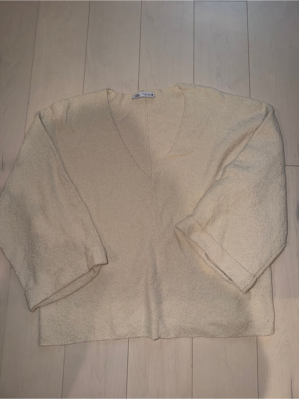 Zara Cream V-Neck Textured Sweater